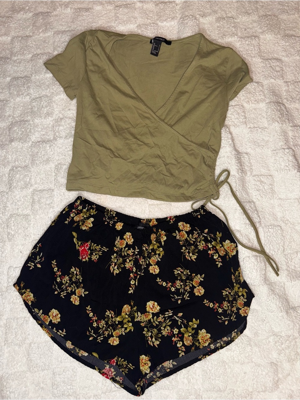 Forever 21 Olive Green Tie-Waist Shirt with Black Floral Shorts